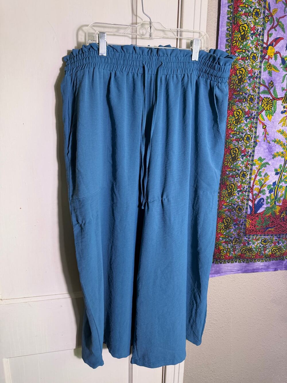 Your Style 2XL Teal Blue Wide Leg Cropped Pants Elastic Waist Pockets Boho